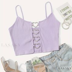 Lasaky - Y2K Ribbed Sleeveless Top: Heart Shaped Ring Crop Cami, Womens Summer Fashion Cute Crop Tops For Summer, Crop Top Lila Outfit, Shein Tops Outfit, Top Corazon, Crop Top Corto, Cute Shein Tops, Shein Crop Tops, Crop Top Mujer, Cropped Shein