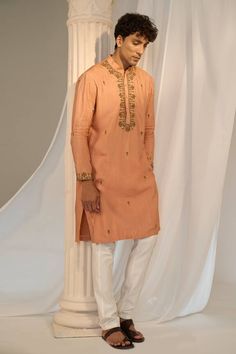 Orange kurta with floral embroidered placket, cuff and scattered buttis. Comes with contrasting pyjama pant. - Aza Fashions Handloom Kurta, Kurta Pant Set, Diana Penty, Eid Party, Boys Kurta, Cocktail Reception, Luxury Sale, Pajama Pant, Kurta With Pants