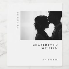 a couple kissing in front of a white marble background with the words charlotte / william on it