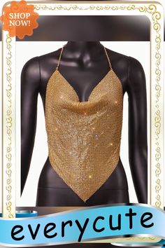 Gold Sequined Metal Chains Halter Camisoles Gold Tank Top For Summer Club Events, Gold Sleeveless Camisole For Night Out, Elegant Gold Halter Top For Summer, Elegant Gold Sleeveless Camisole, Elegant Gold Camisole For Party, Gold Sleeveless Top For Club, Elegant Gold Tank Top For Party, Gold Sleeveless Summer Vest, Glamorous Gold Halter Top For Summer