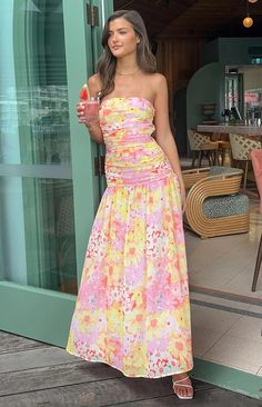 Sinclair Yellow Floral Print Strapless Maxi Dress – Beginning Boutique US Long Brunch Dress, Green Strapless Sundress, Strapless Yellow Floral Dress, Summer Birthday Dress, Wedding Guest Dress Floral, Wedding Guest Dress Spring, Lunch Dress, Bright Maxi Dress, Summer Wedding Guest Dress