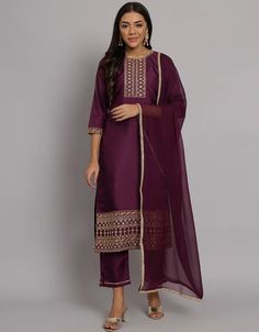 Designer Party Wear Readymade Silk Blend Salwar Suit Wine Silk Blend Pant Straight Front View Violet Color, Moroccan Caftan, Green Bottom, Zari Work, Ideas For Instagram Photos, Salwar Suit, Hip Dress, Color Blending, Pants Straight