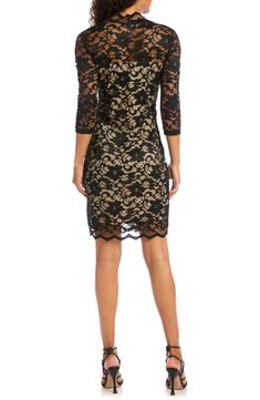 Bring on the ooh-la-la with this sultry sheath tailored from scalloped lace with plenty of stretch so you can flit freely around the room. 39" regular length (size Medium); 35 1/2" petite length (size Medium P) Hidden side-zip closure V-neck Three-quarter sleeves Partially lined 60% nylon, 32% rayon, 8% spandex Hand wash, dry flat Made in the USA of imported fabric Fitted Lace Dress With Scalloped Edges For Party, Evening Fitted Lace Dress With Scalloped Edges, Knee-length Scalloped Lace Dress For Date Night, Fitted Lace Dress With Scalloped Edges For Evening, Scalloped Lace Knee-length Dress For Date Night, Elegant Knee-length Dress With Contrast Lace, Elegant Dresses With Contrast Lace For Date Night, Elegant Contrast Lace Dress For Date Night, Elegant Fitted Dress With Scalloped Edges