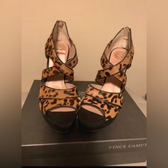 Leopard Print Vince Camuto Heels New Never Worn Brown Platform Heels For Night Out, Brown Platform Heels For A Night Out, Brown Open Heel Shoes For Night Out, Brown Closed Toe Sandals For Night Out, Brown Heels With Padded Heel For Night Out, Brown Round Toe Heels For Evening, Black Block Heels, Size 11 Heels, Buckled Heels