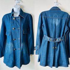 Blue Jean Denim Trench Coat Size M Material: Probably Cotton No Tags Button Holes Are Sewn But Not Opened Swing Jacket Style New Condition Nwot Aprx Flat Meas: Bust 23" Waist 18" Length 31" Kept In A Clean, Smoke-Free, Pet-Free Environment Double-breasted Denim Outerwear With Button Closure, Casual Double-breasted Denim Jacket With Buttons, Double-breasted Denim Jacket With Buttons For Fall, Casual Double-breasted Denim Jacket With Pockets, Double-breasted Fall Denim Jacket With Buttons, Double-breasted Denim Jacket For Work, Fall Double-breasted Denim Jacket With Buttons, Spring Fitted Denim Jacket With Double Button Closure, Denim Outerwear With Button Closure For Work