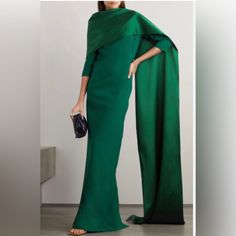 Safiyaa Cosette Cape-Effect Stretch-Cady And Satin Gown, Emerald, Fr36, Size 4, In Excellent Condition Green Pre-draped Evening Gown, Elegant Green Gown With Cape Sleeves, Green Fitted Maxi Dress With Draped Sleeves, Green Cape Sleeves Dress For Evening, Green Cape Sleeve Evening Dress, Green Evening Dress With Cape Sleeves, Green Pre-draped Evening Dress For Formal Events, Evening Green Dress With Cape Sleeves, Chic Green Evening Dress For Banquet