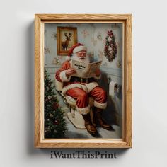 a painting of santa claus sitting on a toilet reading a newspaper next to a christmas tree