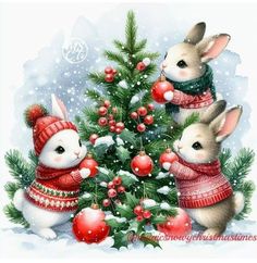 two rabbits wearing sweaters and hats next to a christmas tree with ornaments on it