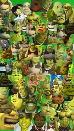 a collage of many different cartoon characters in various poses and expressions, all with green background