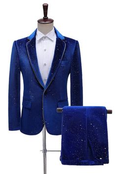 Royal Blue Tuxedo Suit For Party, Velvet Tuxedo For Winter Party, Velvet Party Suits For Winter, Velvet Winter Party Suits, Winter Velvet Party Suits, Fitted Velvet Suits For Wedding, Fitted Velvet Wedding Suit, Luxury Velvet Suits For Parties, Fitted Blue Suit For Evening