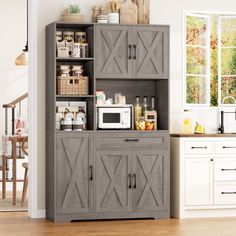 Hiphuta storage cabinet features classic X-patterned that make it a great statement piece in any kitchen or den and blends seamlessly into a modern farmhouse-inspired ensemble. This pantry cabinet made of high-quality MDF board to ensure resistant and durability, and wall attachments for added stability, this kitchen cabinet is built for daily use. Our cabinet features black metal handles accents add a sophisticated edge, enhancing its overall visual allure. Designed for practicality, the kitche Hutch With Doors, Farmhouse Kitchen Pantry, Storage Hutch, Microwave Stand, Kitchen Hutch, Kitchen Pantry Storage Cabinet, Pantry Storage Cabinet, Kitchen Pantry Storage, Door Shelves