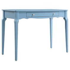 a blue desk with two drawers and one drawer on the top, against a white background