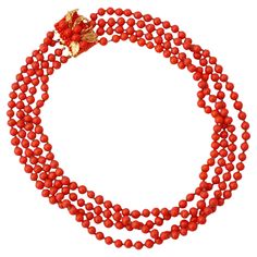 - Vintage item - Collectible costume jewelry piece from the mid-century - 16" length - Faux coral glass beads - Fancy push clasp with bead cluster and gilded leaf motif - By Eugene Schultz (signed on clasp) - Circa 1950s - Estate Acquired - Beautiful vintage condition with light wear commensurate with age (see photos) Luxury Red Coral Necklace With Large Beads, Luxury Red Coral Necklace With Round Beads, Vintage Single Strand Red Coral Beaded Necklace, Vintage Red Coral Round Bead Necklace, Luxury Vintage Coral Necklace, American Modern, Beaded Choker Necklace, Coral Beads, Beaded Choker