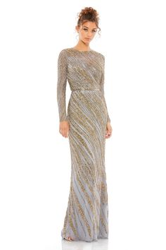 Platinum grey gown featuring metallic bead embellished wavy stripe pattern, beaded waistline and stone detail. - Aza Fashions Formal Fits, Mac Duggal Dress, Grey Gown, Gown Pattern, Long Sleeve Gown, Column Gown, Bateau Neck, Ladies Gown, Mac Duggal