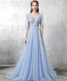 Elegant Dresses Classy Vintage, Prom Dress Blue, Blue Evening Dress, Dress Pesta, V Neck Prom Dresses, Floor Length Prom Dresses, Evening Dresses With Sleeves, Elegant Dresses Classy, Blue Evening Dresses