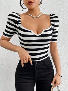 Multicolor Casual Collar Short Sleeve Knitted Fabric Striped  Embellished Slight Stretch Spring/Summer Women Clothing Hourglass Figure Outfits, Outfits Hot, Business Formal Dress, Formal Dresses Gowns, Elegante Casual, Neckline Designs, Professional Dresses, Puff Sleeve Blouse, Women T Shirts