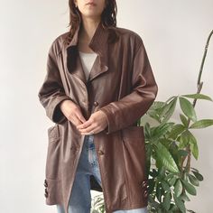 Vintage 80's 90's Autumn Winter Unisex Washed Brown Button Up Single Breasted Oversized Classic Basic Real Genuine Leather Midi Coat Size M/L condition: 9/10 - some signs of wear natural for a vintage leather may appear size: M/L model is size UK8/EU36/S and is 173 cm tall (5.7ft) the item is preloved/vintage so some signs of natural wear and age might appear. *it hasn't been washed, may need a dry clean!! we ship from Poland! ✨ Vintage Oversized Single Breasted Outerwear, 90s Style Outerwear With Button Closure For Fall, 90s Style Buttoned Outerwear For Fall, 90s Style Fall Outerwear With Button Closure, Vintage Oversized Outerwear With Buttons, Classic Vintage Brown Outerwear With Buttons, Oversized Vintage Outerwear With Button Closure, Vintage Oversized Outerwear With Button Closure, Vintage Oversized Single-breasted Outerwear