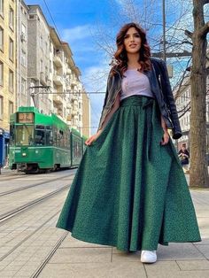 Green Cotton Maxi Skirt, Green Flowy Skirt For Fall, Long Green Skirt For Fall, Green Cotton Maxi Skirt With Relaxed Fit, Green Cotton Full Maxi Skirt, Ankle-length Maxi Skirt For Party, Green Flowy Maxi Skirt For Fall, Green Fitted Long Maxi Skirt, Green Flowy Maxi Dress