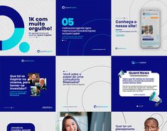 several different brochures are shown with blue and white designs, including one for the company's website