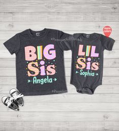 "Personalized Baby Shirts, sisters, Brothers, Twins custom shirts, Baby Onesies, Matching Family Birthday Shirts Funny Shirts Visit Our Shop HOW TO ORDER CUSTOM T-SHIRT 1-) Please, Check and Review all Photos. 2-) Select Your T-shirt Color. 3-) Select Your T-shirt Size. 4-) Choose Your Quantity as much as you want. 5-)Personalization Required: A) Please Enter Your Design: Big Sis or Lil Sis B) Please Enter Custom Name Example 1: Big Sis, Angela Example 2: Lil Sis, Sophia *Each Shirt Sold Separat Siblings Shirts, Siblings Outfits, Matching Sister Outfits, Matching Sibling Shirts, Matching Sisters, Family Birthday Shirts, Sibling Outfits, Sibling Shirts, Lil Sis