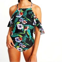 New With Tags, Old Navy Cold Shoulder Black Floral One Piece Swimsuit Size L/Tall -High Neckline With Spaghetti Straps -Shoulder Cutouts With Ruffled Sleeves -Soft Built-In Pads -Smooth Nylon With Comfortable Stretch And Full Lining Black Tropical Printed Swimwear, Black Printed Tropical Swimwear, Black Tropical Swimwear With Floral Print, Black Tropical Swimwear For Spring, Spring Printed Black Swimwear, Spring Black Printed Swimwear, Black Stretch Swimwear With Floral Print, Casual Black Swimwear With Floral Print, Chic Black Printed Swimwear