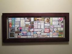 a framed photo with many different pictures on it's side, hanging on the wall