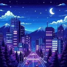 the city is lit up at night with mountains in the background and cars driving down the road