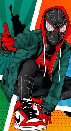 a spider man sitting on top of a red and black shoe with his hands in the air