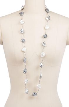 Colored baroque pearls catch light on this long necklace, creating a lustrous statement to lace your neckline. 38" length Baroque pearl/rhodium/copper Imported Silver Lariat Pearl Necklace For Party, Long Silver Pearl Necklace For Party, Silver Baroque Pearl Necklace For Parties, Silver Baroque Pearl Necklaces For Parties, White Pearl Chain Long Necklace For Party, Party Silver Long Necklace With Pearl Chain, White Baroque Pearl Necklace For Party, Pearl Long Necklace, Baroque Pearls