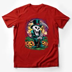 Grim Reaper Halloween Costume T-Shirt with Pumpkins and Spooky Forest Graphic Male T-Shirt Custom graphic T-Shirt.Customize your color Themed Short Sleeve T-shirt For Fall, Red T-shirt For Fall Streetwear, Red Short Sleeve T-shirt For Fall, Red Themed Fan Merchandise T-shirt, Red Themed Crew Neck T-shirt, Themed Short Sleeve Pre-shrunk T-shirt, Themed Pre-shrunk Short Sleeve T-shirt, Red Fan Apparel T-shirt For Fall, Red T-shirt For Fall Fan Merchandise