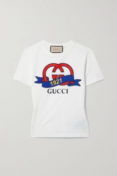 Gucci's T-shirt is instantly recognizable, thanks to the house's iconic interlocking logo across the front. It's made from soft cotton-jersey and has a slim fit. Gucci Graphic Cotton T-shirt, White Crew Neck T-shirt With Designer Logo, Designer Logo Graphic Tee With Crew Neck, Designer Embroidered Logo Crew Neck Top, Designer Graphic Tee With Crew Neck, Graphic Tee With Appliqué Logo For Streetwear, Designer Cotton T-shirt With Embroidered Logo, Designer Crew Neck Top With Embroidered Logo, Graphic Tee With Designer Logo And Crew Neck