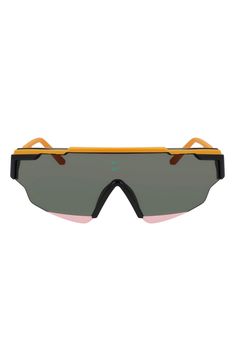 Shield sunglasses in an oversized silhouette offer sporty style with the comfort of soft nose pads and rubber-tipped temples. 64mm lens width; 14mm bridge width; 140mm temple length 100% UV protection Co-injection/metal Imported Sporty Polarized Sunglasses For Cycling, Sporty Sunglasses With Gradient Lenses For Outdoor Activities, Sporty Shield Sunglasses For Outdoor Activities, Sporty Sunglasses With Uva Protection For Outdoor, Sporty Polycarbonate Sunglasses For Outdoor Activities, Anti-reflective Shield Sunglasses For Sports, Sporty Sunglasses With Uva Protection, Sporty Anti-reflective Shield Sunglasses, Sporty Shield Sunglasses With Uv Protection