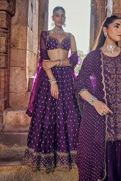 Purple attached cancan scallop hem lehenga with all over florin bahar embroidery using dabka, pearl, gota and zari embellishments. Paired with a strap sleeves matching embroidered padded blouse and an embroidered scallop border handblock printed dupatta. - Aza Fashions Purple Palazzo Set With Pallu For Wedding, Purple Wedding Palazzo Set With Pallu, Bollywood Wedding Palazzo Set With Motifs, Wedding Navratri Purple Palazzo Set, Wedding Palazzo Set With Motifs, Festive Wedding Palazzo Set With Motifs, Fitted Lehenga With Motifs, Fitted Sharara With Motifs For Reception, Wedding Dresses With Motifs