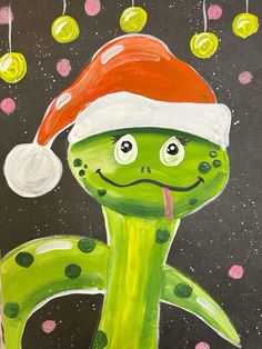 a painting of a green snake wearing a santa hat