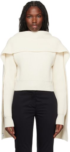 Rib-knit wool- and cashmere-blend sweater. · Scarf-style overlay at V-neck · Cropped hem · Bishop sleeves Supplier color: Off-White Draped Sweater, White Drapes, Sweater Scarf, Scarf Style, Cashmere Blend Sweater, Detailed Sweater, Burgundy Sweater, Cashmere Scarf, Red Sweaters