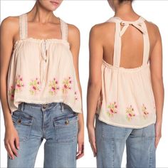 Brand New With Tag! Lace & Floral Embroidery Put A Feminine Touch On This Sleeveless Top. Split Neck With Tie Closure Sleeveless Back Tie Closure Knit Construction - Lined Has Stretch At The Chest Area Slightly Crop Fiber Content Shell: 100% Cotton. Care: Hand Wash Cold Retail $78 Floral Embroidered Tank Top For Spring, Floral Embroidered Camisole Tops For Vacation, Vacation Camisole Top With Floral Embroidery, Embroidered Beach Tank Top For Spring, Floral Embroidery Camisole Tops For Vacation, Embroidered Tank Top For Beach In Spring, Spring Floral Embroidery Tank Top, Summer Embroidered Camisole Tank Top, Embroidered Camisole Tank Top For Summer