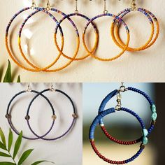 Gold tone collection of a fun and funky set of hoops. Whichever one you pick, they will be your favorite beaded hoops, and you have several choices. Made with a combination of seed beads,  African vinyl beads and/or  brass moons, crown beads, abolone shell, pyrite, mukoy beads and other findings. All are unique, and all have a different mood. Three sizes are available. The length includes the total drop including earwires. Strung on gold plated memory wire which retains its shape, and keeps it l