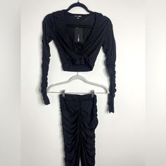 Super Cute, But Never Worn, Two-Piece Set, Comes With V-Neck Crop Top And Scrunched Pants Fitted Ruched Black Pants, Fitted Black Ruched Pants, Stretch Black Ruched Pants, Ruched Pants, Neck Crop Top, Fashion Nova, Pants Set, Women's Fashion, Crop Top