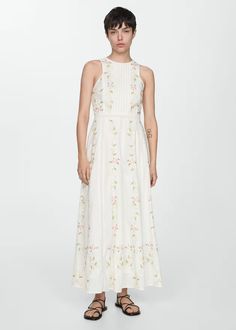 Embroidered cotton dress - Women | Mango USA Sleeveless Floral Embroidery Midi Dress For Daywear, Sleeveless Midi Dress With Floral Embroidery For Daywear, Sleeveless Floral Embroidery Day Dress, Sleeveless Floral Embroidery Maxi Sundress, Floral Embroidery Sleeveless Sundress Maxi Dress, Sleeveless Embroidered Dresses For Daywear, Cotton Sundress With Floral Embroidery, Sleeveless Cotton Embroidered Dress, Cotton Maxi Sundress With Floral Embroidery