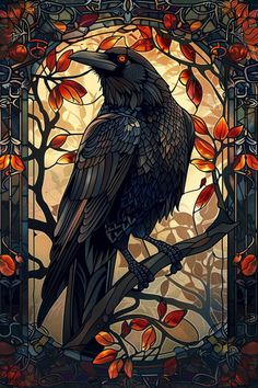 a black bird sitting on top of a tree branch in front of a stained glass window