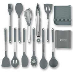 an assortment of kitchen utensils are shown in this image, including spoons and spatulas