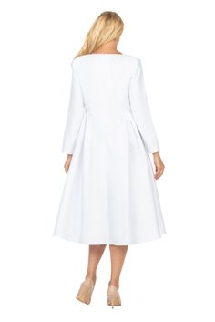 Giovanna D1567 1 piece Silky Twill V-neck A-line Dress w/ Brooch Colors: White Sizes: 8, 10, 12, 14, 14W, 16, 16W, 18, 18W, 20W, 22W, 24W, 26W, 28W Spring Wedding V-neck Dress With Fitted Bodice, Elegant White V-neck Dress For Fall, Formal A-line V-neck Fit And Flare Dress, White A-line V-neck Wedding Dress, Long Sleeve V-neck Dress For Wedding, Fall Wedding A-line Dress, Fall Wedding V-neck Midi Dress, V-neck Midi Dress For Fall Wedding, V-neck Box Pleat Workwear Dress