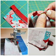 four different pictures showing how to sew with the sewing machine and stitching fabric