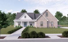 this is a computer rendering of the front of a house with landscaping and shrubs around it