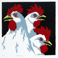 three roosters are standing together on a black and white background with red, yellow, and blue colors