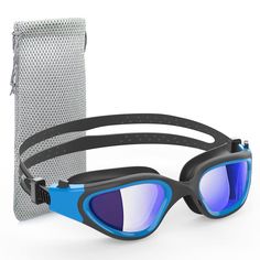 a pair of swimming goggles next to a mesh bag