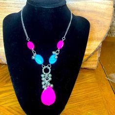 Brand New Nwt Bohemian Style Necklace With Matching Earrings. Fuchsia Pink And Turquoise Colored Beads On Silver Chain With Matching Earrings. Beautiful Colors Perfect Summertime Necklace Pink Beaded Teardrop Jewelry, Pink Teardrop Beaded Jewelry, Pink Beaded Chain Costume Jewelry, Pink Wire Wrapped Necklace, Pink Beaded Costume Jewelry, Pink Jewelry With Colorful Beads For Festival, Pink Beaded Chain Jewelry For Festival, Pink Bohemian Necklace With Large Beads, Festival Pink Beaded Chain Jewelry