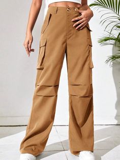 Step into effortless elegance with these Non Stretch Loose Fit Wide Leg Pants. Embrace a timeless silhouette that exudes grace and sophistication, transcending fleeting fashions. Crafted with meticulous attention to detail, these pants boast a loose fit that allows for unrestricted movement and comfort, while effortlessly elongating your legs. The exquisite craftsmanship is evident in every seam, ensuring durability and longevity. Specifications: Style: Casual Pattern Type: Plain Type: Cargo Pan Fitted Solid Cargo Pants For Fall, Fitted Solid Color Cargo Pants For Fall, Elegant Straight Cargo Pants With Pockets, Elegant Trousers With Cargo Pockets, Elegant Straight Leg Bottoms With Cargo Pockets, Elegant Straight Cargo Pants, Elegant Beige Pants With Side Pockets, Elegant High-waisted Cargo Pants, Elegant Wide-leg Pants With Cargo Pockets