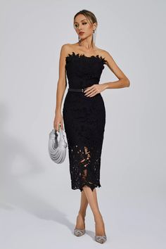 Semi Formal Black Dress Classy Long Sleeve, Shoes To Wear With Black Dress, Square Neck Black Dress, Sophisticated Cocktail Dress, Bridesmaids Gown, Midi Formal Dress, Black Cocktail Dresses, Black Tie Wedding Guest Dress, Lace Strapless Dress