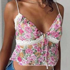 Super Cute And Stylish Ships In 5-10 Business Days Lace Spaghetti Strap Top With Floral Print, Lace Tops With Spaghetti Straps And Floral Print, Spring Lace Camisole With Floral Print, Floral Print Lace Camisole Top, Trendy Lace Camisole For Summer, Cute Floral Print Camisole With Spaghetti Straps, Pink Lace Tank Top For Summer, Feminine Beach Camisole With Floral Print, Feminine Cotton Camisole With Floral Print